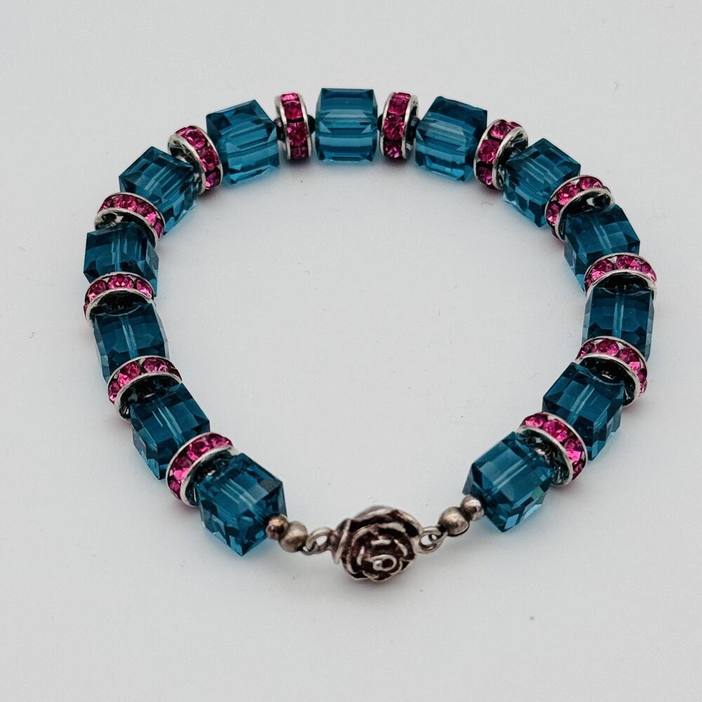 Blue Crystal Pink Rhinestone Bracelet Rose Magnetic 925 Clasp Jewelry Classic - Picture 4 of 12